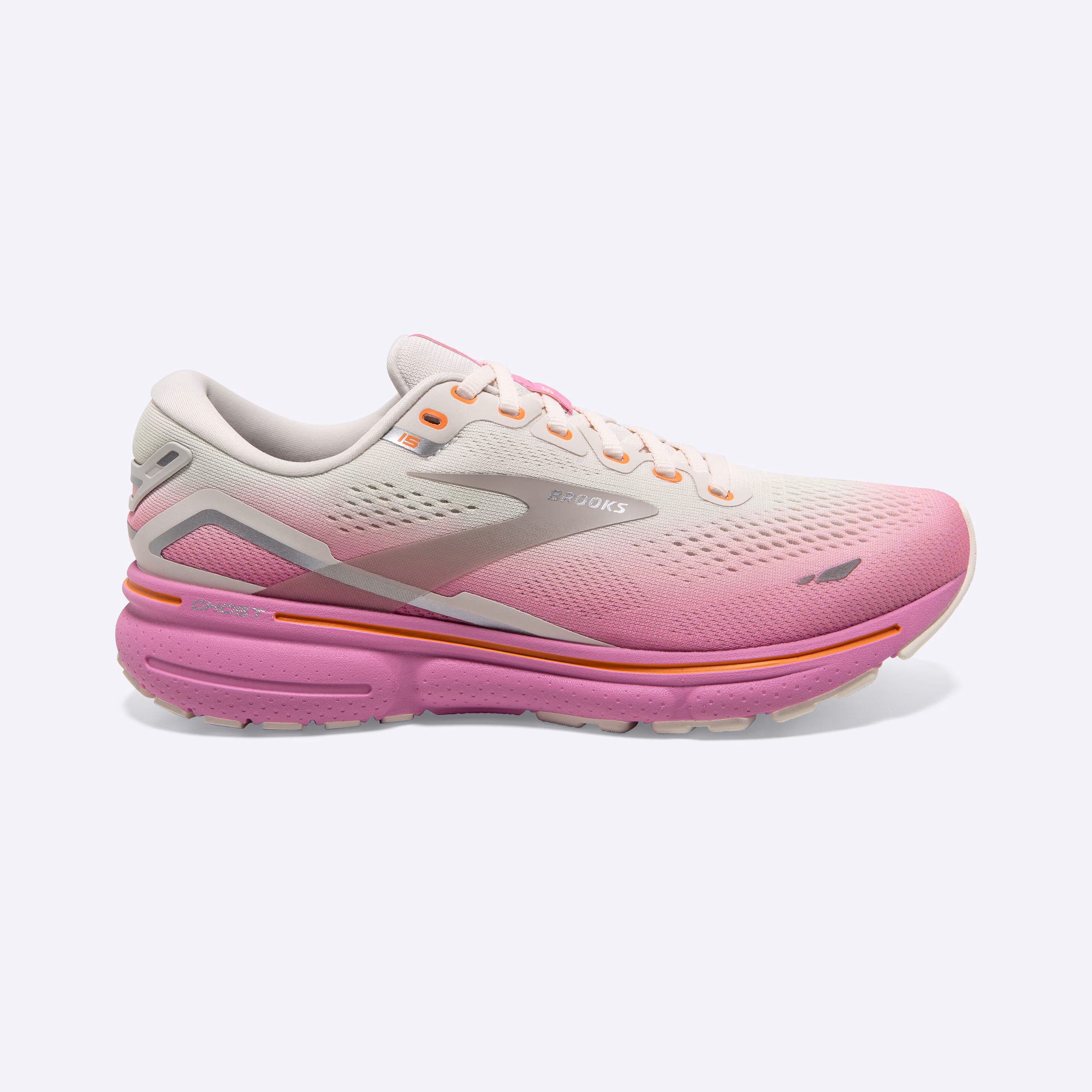 Women's Brooks, Ghost 15 Neutral Running Shoe -- Grey/Coconut/Fuchsia