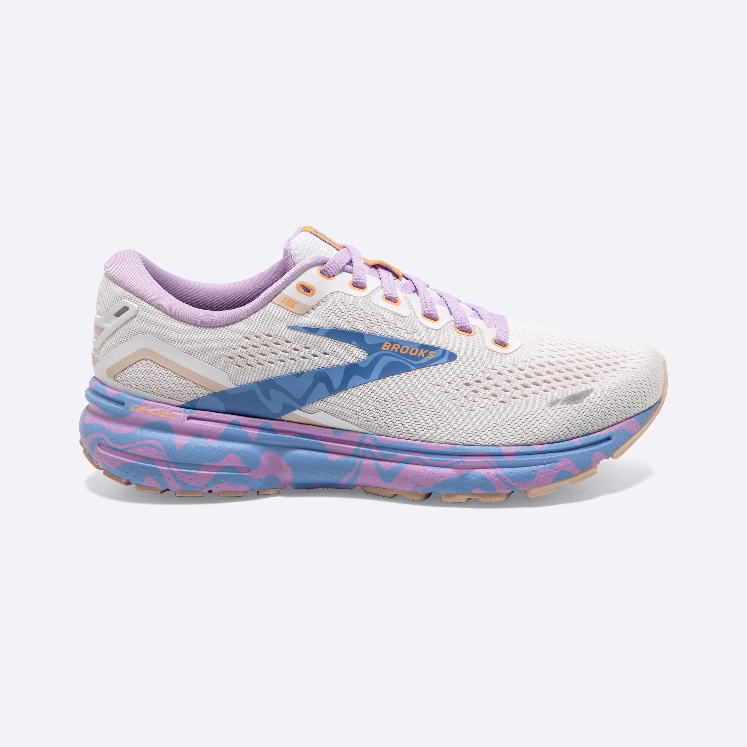 Women's Brooks, Ghost 15 Neutral Running Shoe -- White/Vista/Lavendula