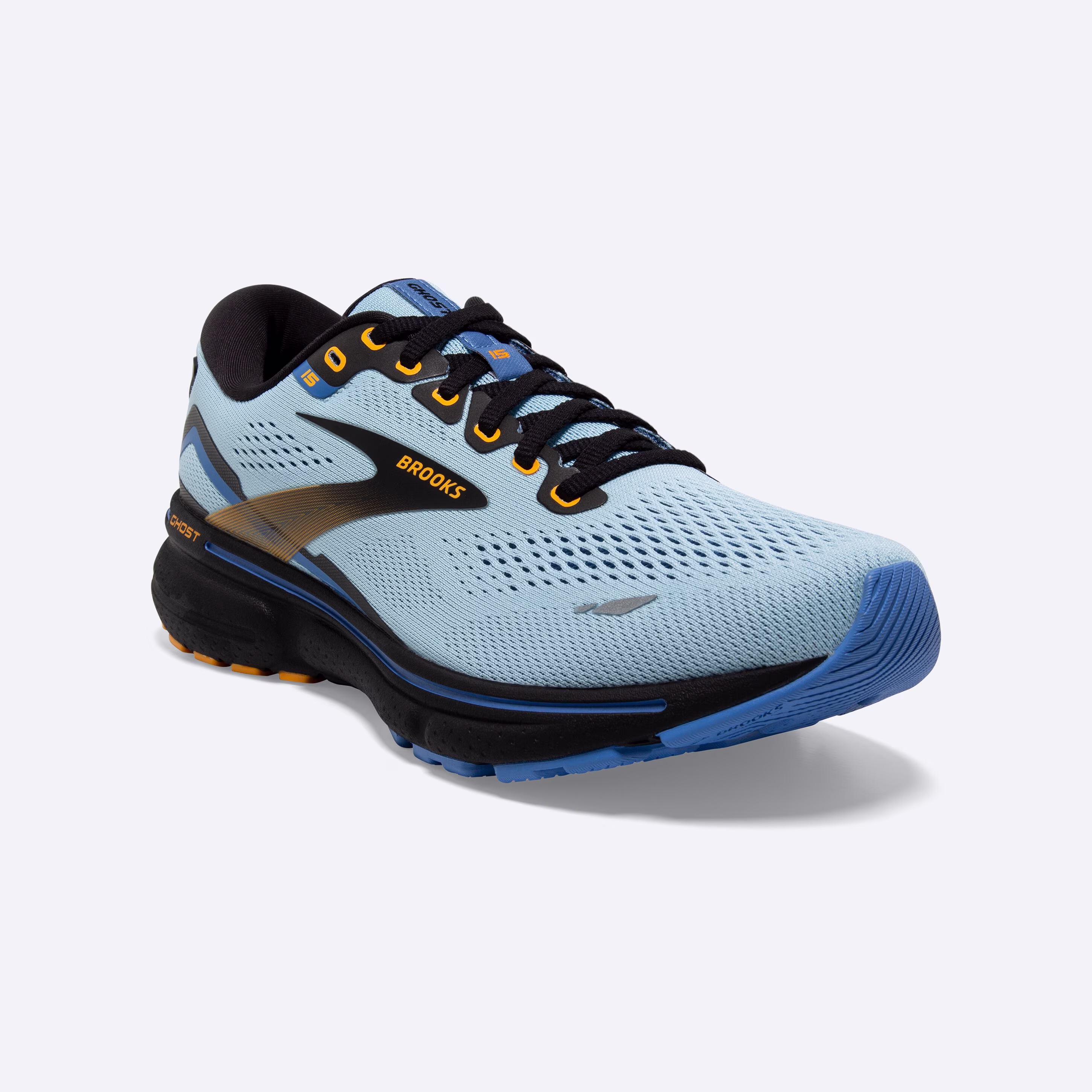 Women's Brooks, Ghost 15 Neutral Running Shoe -- Light Blue/Black/Yellow