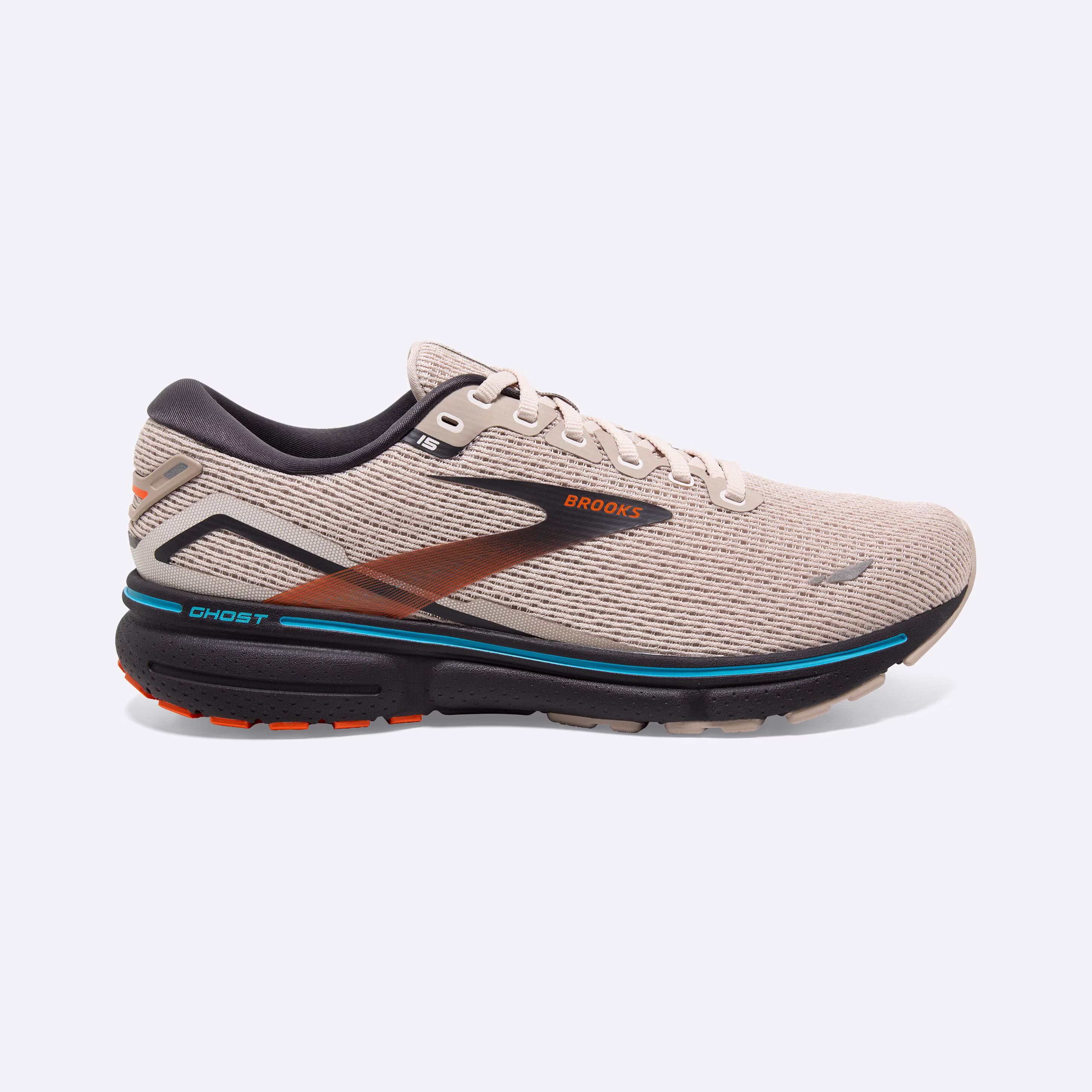 Men's Brooks, Ghost 15 Neutral Running Shoe -- White Sand/Red Orange/Blue