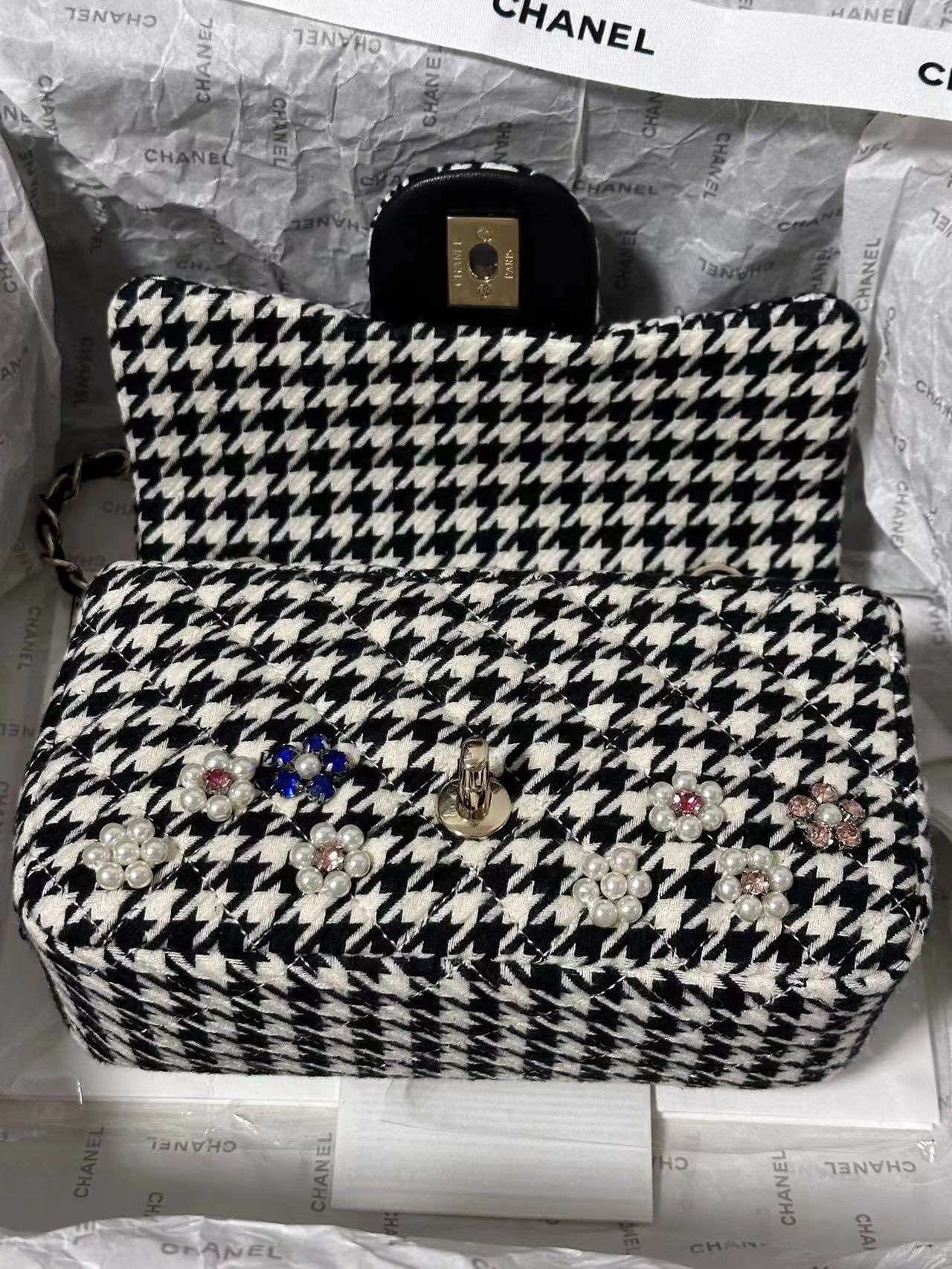 CHANEL Mini Classic Handbag Embroidered Tweed, Imitation Pearls, Strass & Gold-Tone Metal Black & White-A69900