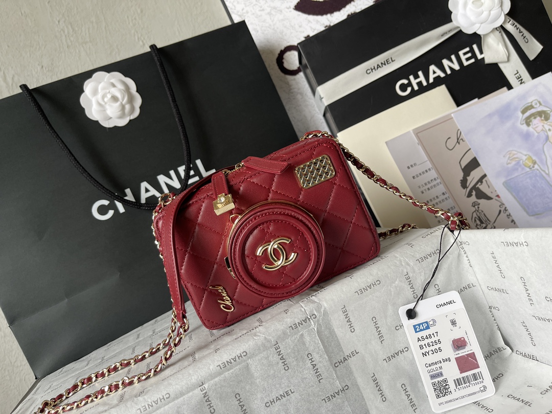 CHANEL Camera bag Sheep leather and gold metal Red-AS4817