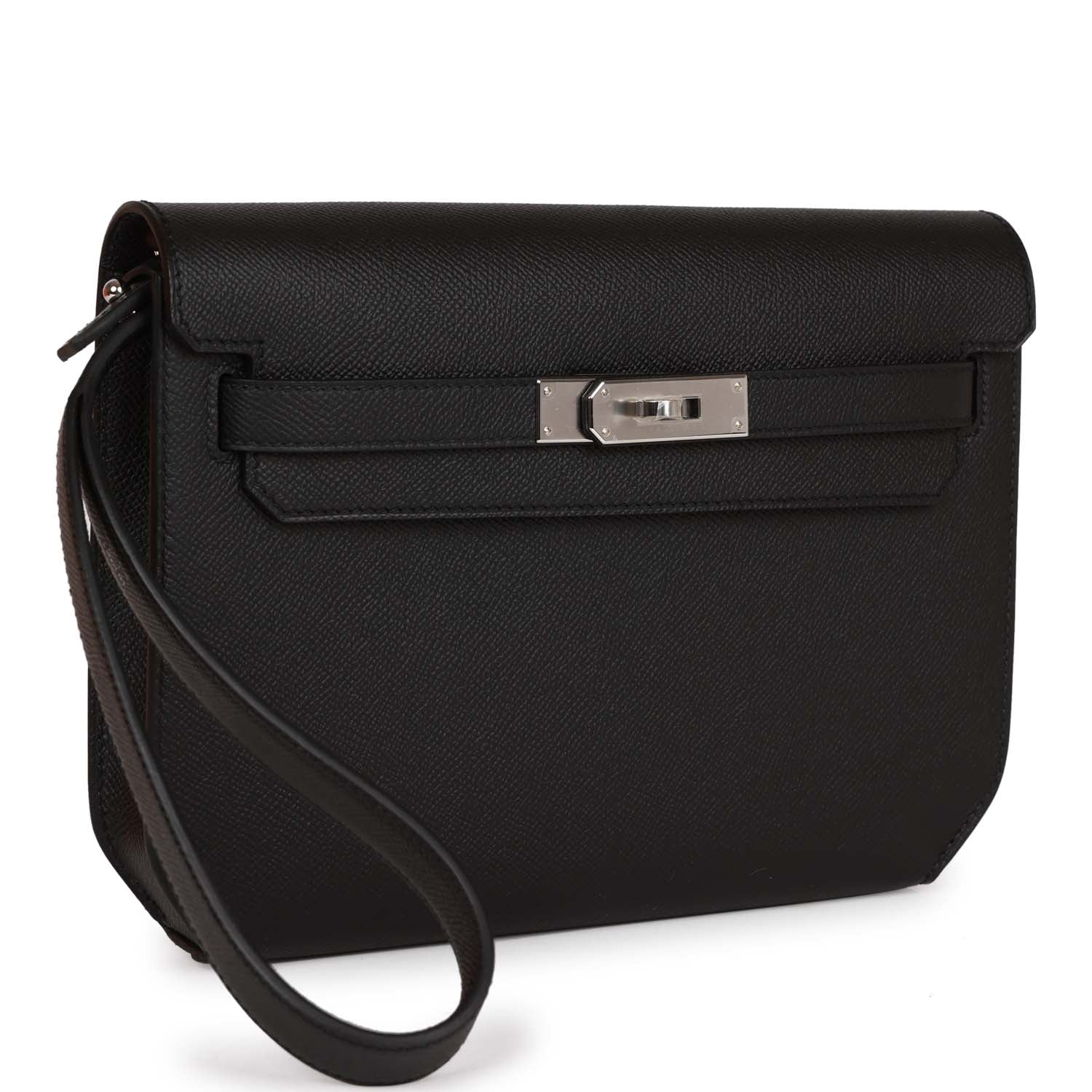 Her Kelly Depeches 25 Black Epsom Palladium Hardware