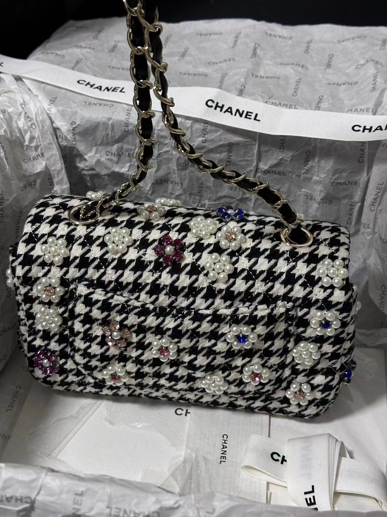 CHANEL Mini Classic Handbag Embroidered Tweed, Imitation Pearls, Strass & Gold-Tone Metal Black & White-A69900