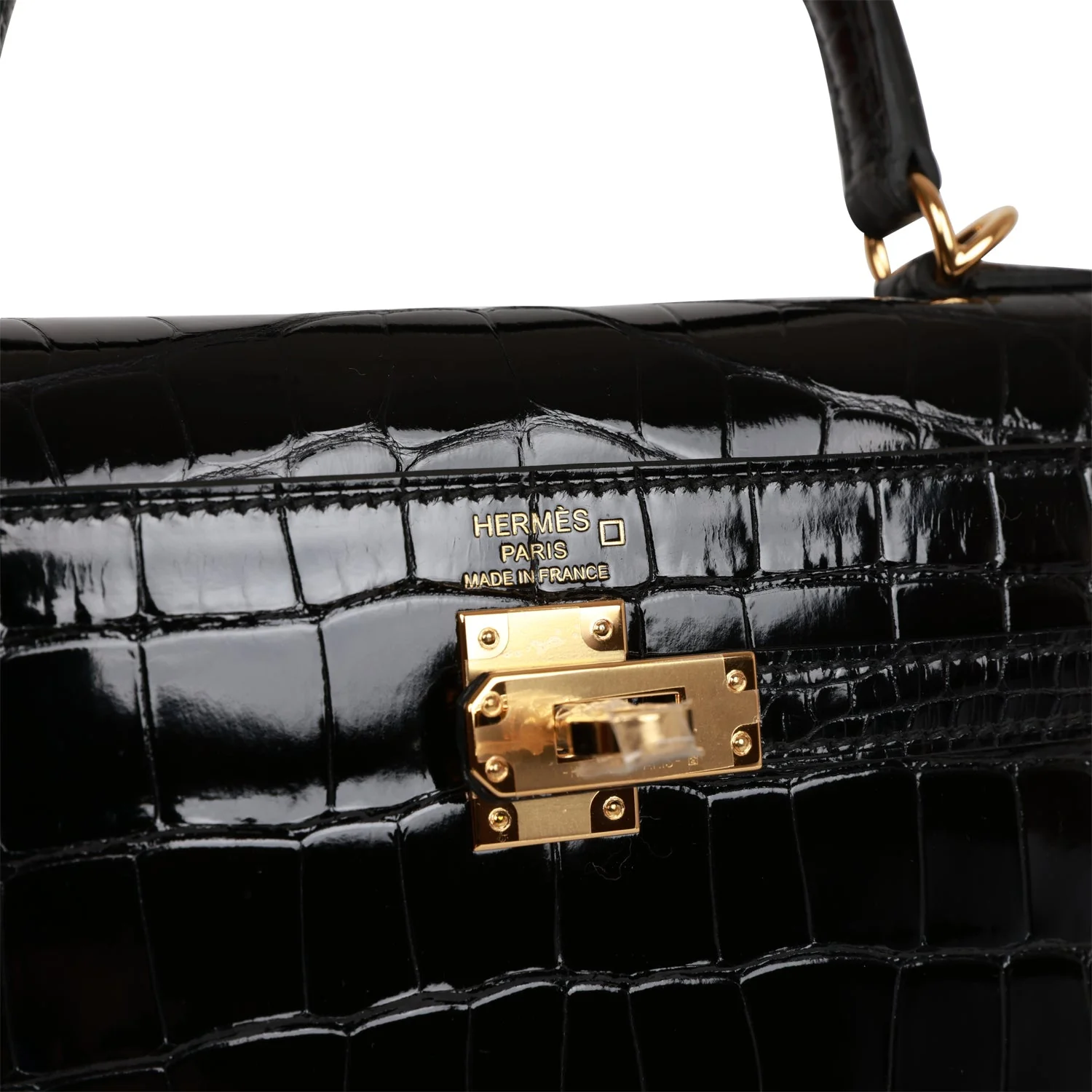 Her Kelly Sellier 25 Black Shiny Alligator Gold Hardware