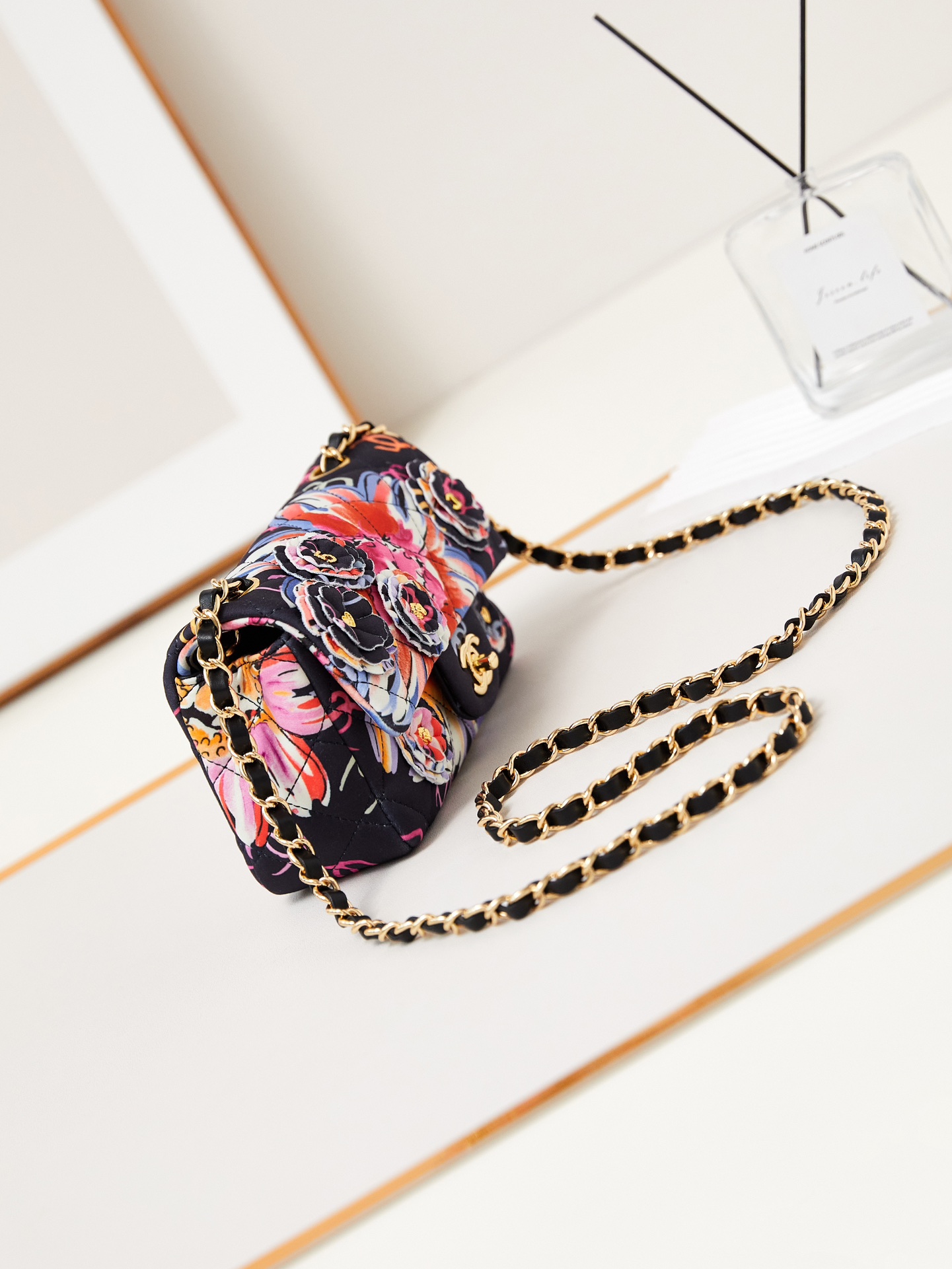 CHANEL Mini Classic Handbag & Gold-Tone Metal Camellia-A69900