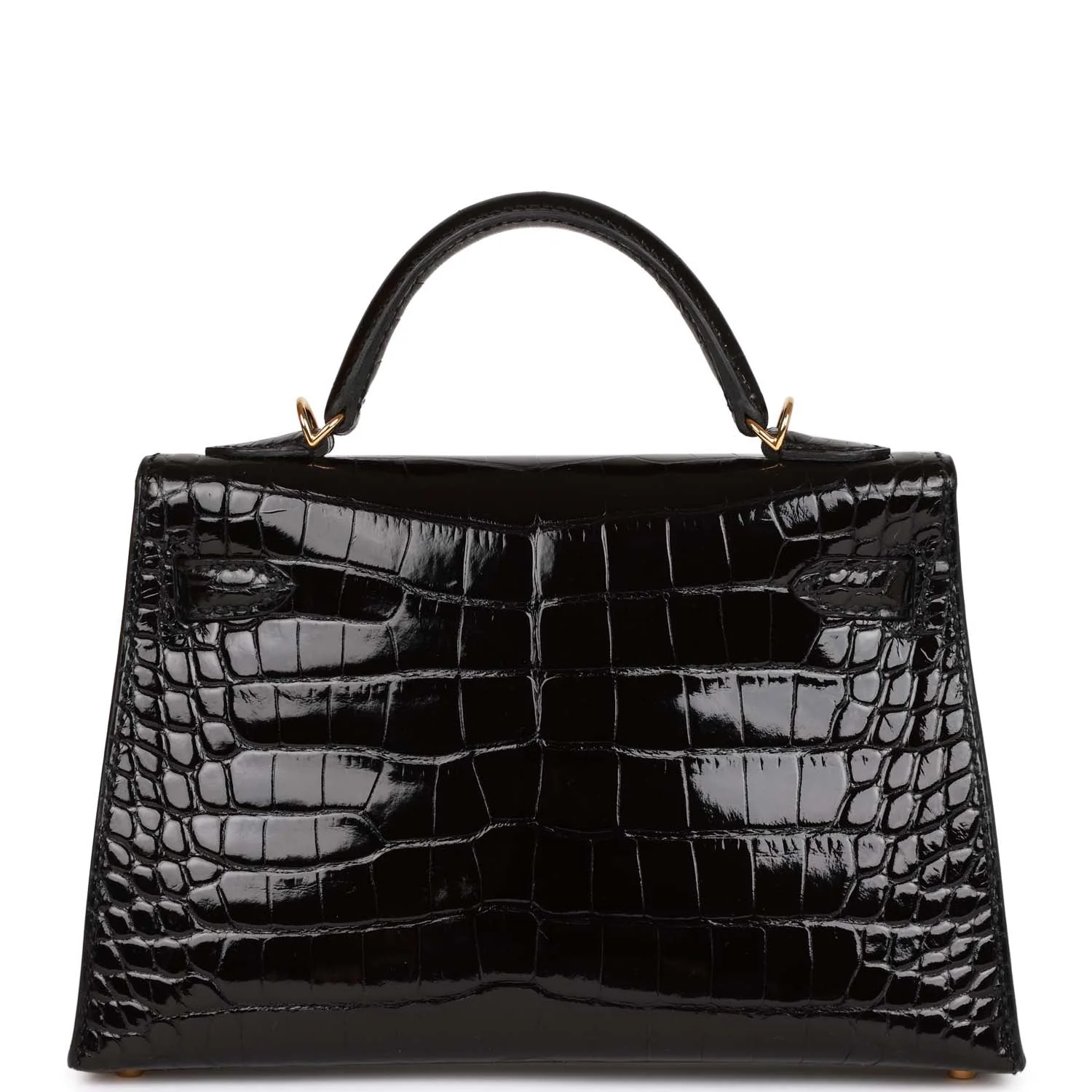 Her Kelly Sellier 20 Black Shiny Alligator Gold Hardware