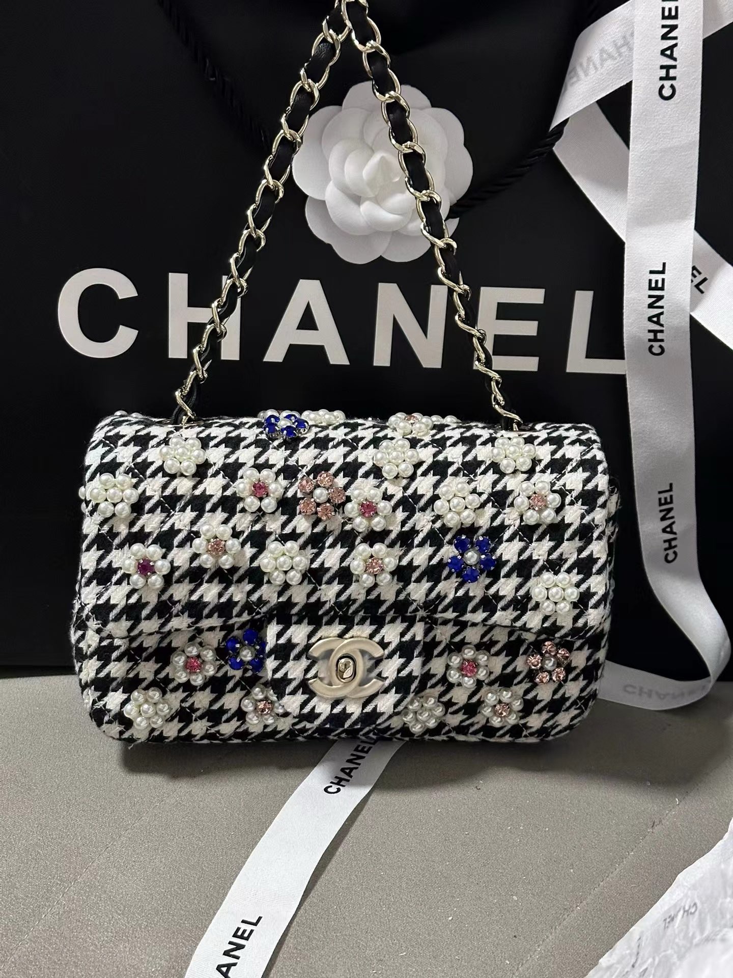 CHANEL Mini Classic Handbag Embroidered Tweed, Imitation Pearls, Strass & Gold-Tone Metal Black & White-A69900