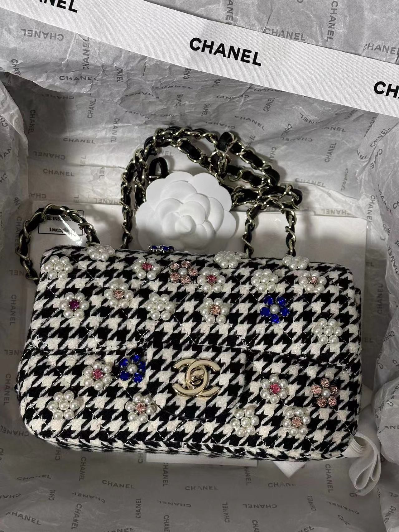CHANEL Mini Classic Handbag Embroidered Tweed, Imitation Pearls, Strass & Gold-Tone Metal Black & White-A69900