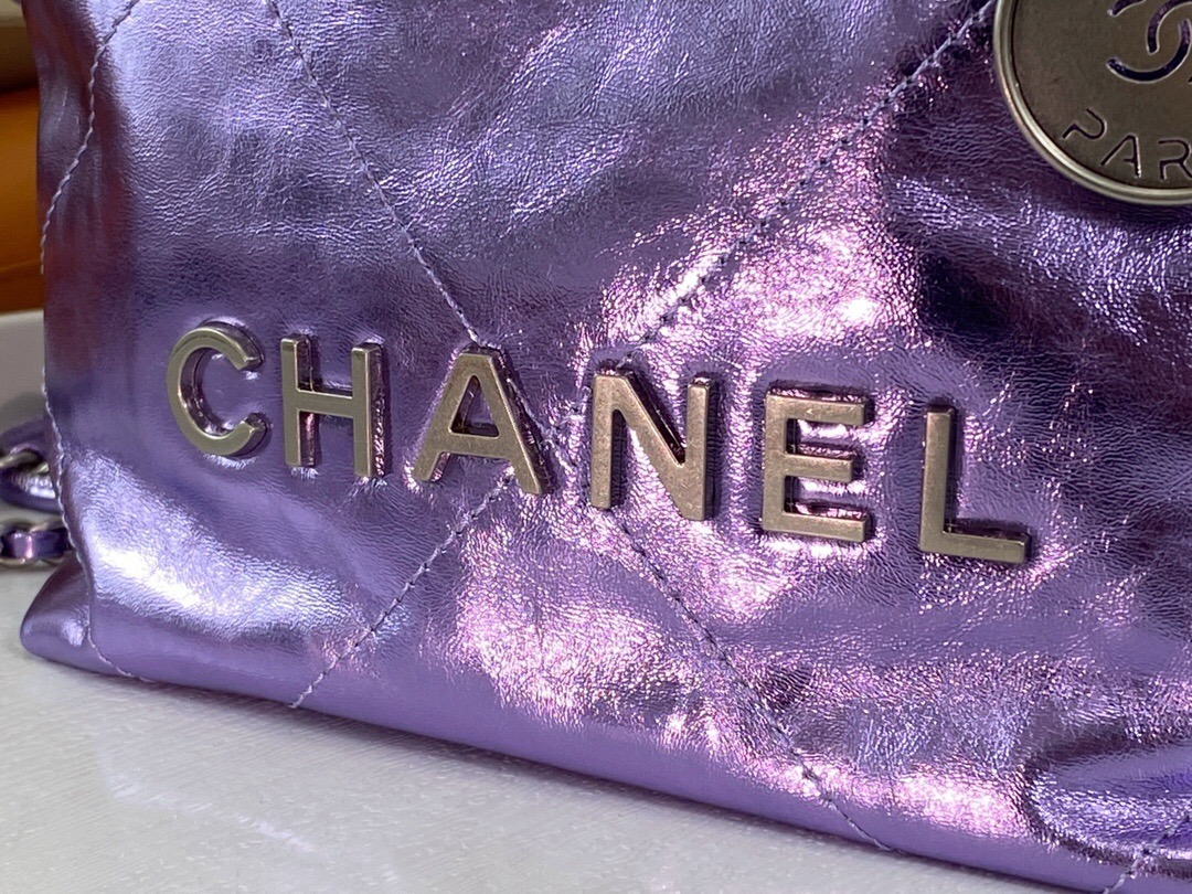 CHANEL  22 Mini HandbagMetallic Lambskin & Lacquered Metal Dark Purple- AS3980