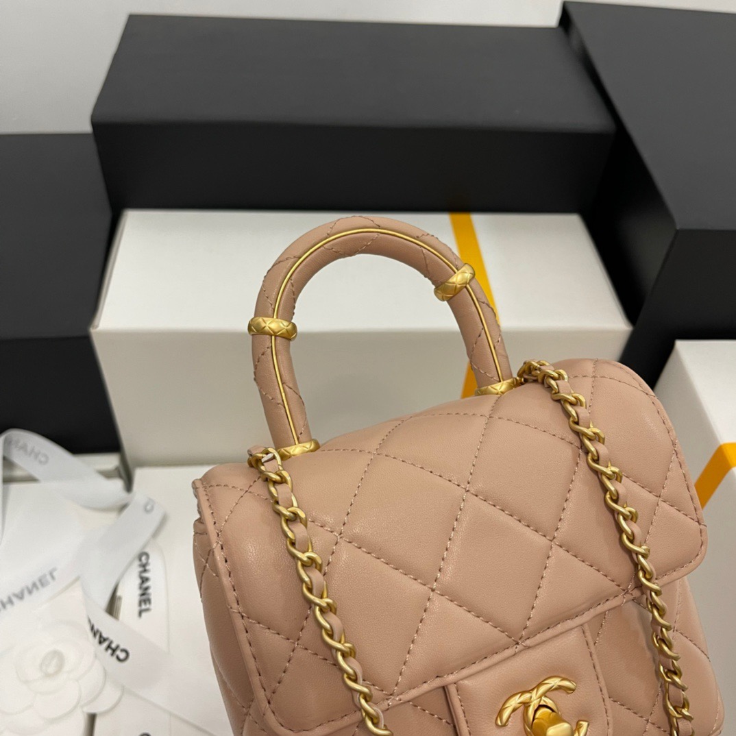 CHANEL Mini Flap Bag with Top HandleLambskin & Gold-Tone Metal Dark Beige - AS5111