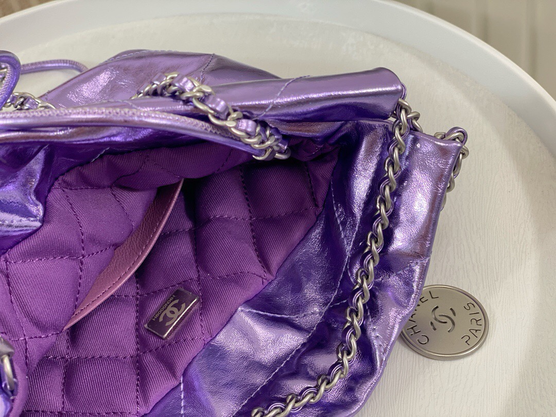 CHANEL  22 Mini HandbagMetallic Lambskin & Lacquered Metal Dark Purple- AS3980