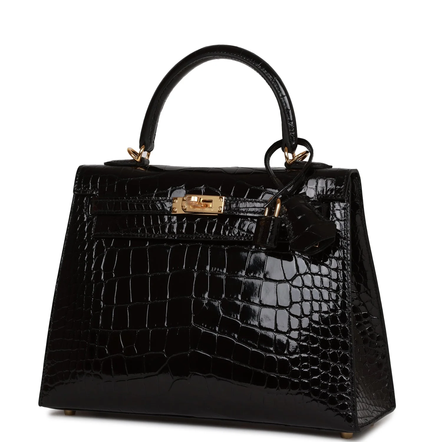 Her Kelly Sellier 25 Black Shiny Alligator Gold Hardware