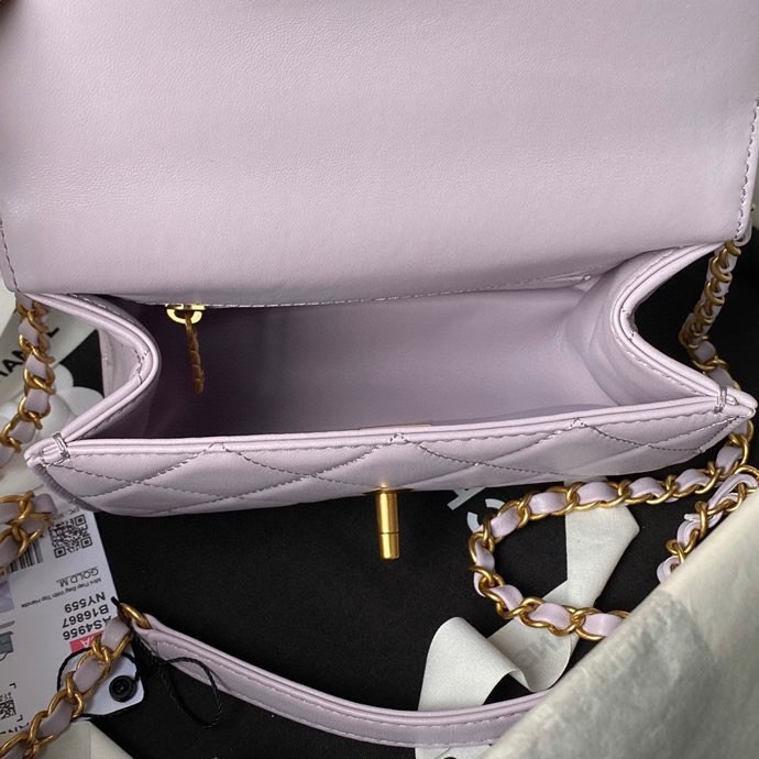CHANEL  Mini Flap Bag with Top Handle Grained Shiny Calfskin & Gold-Tone Metal Light Purple-AS4956