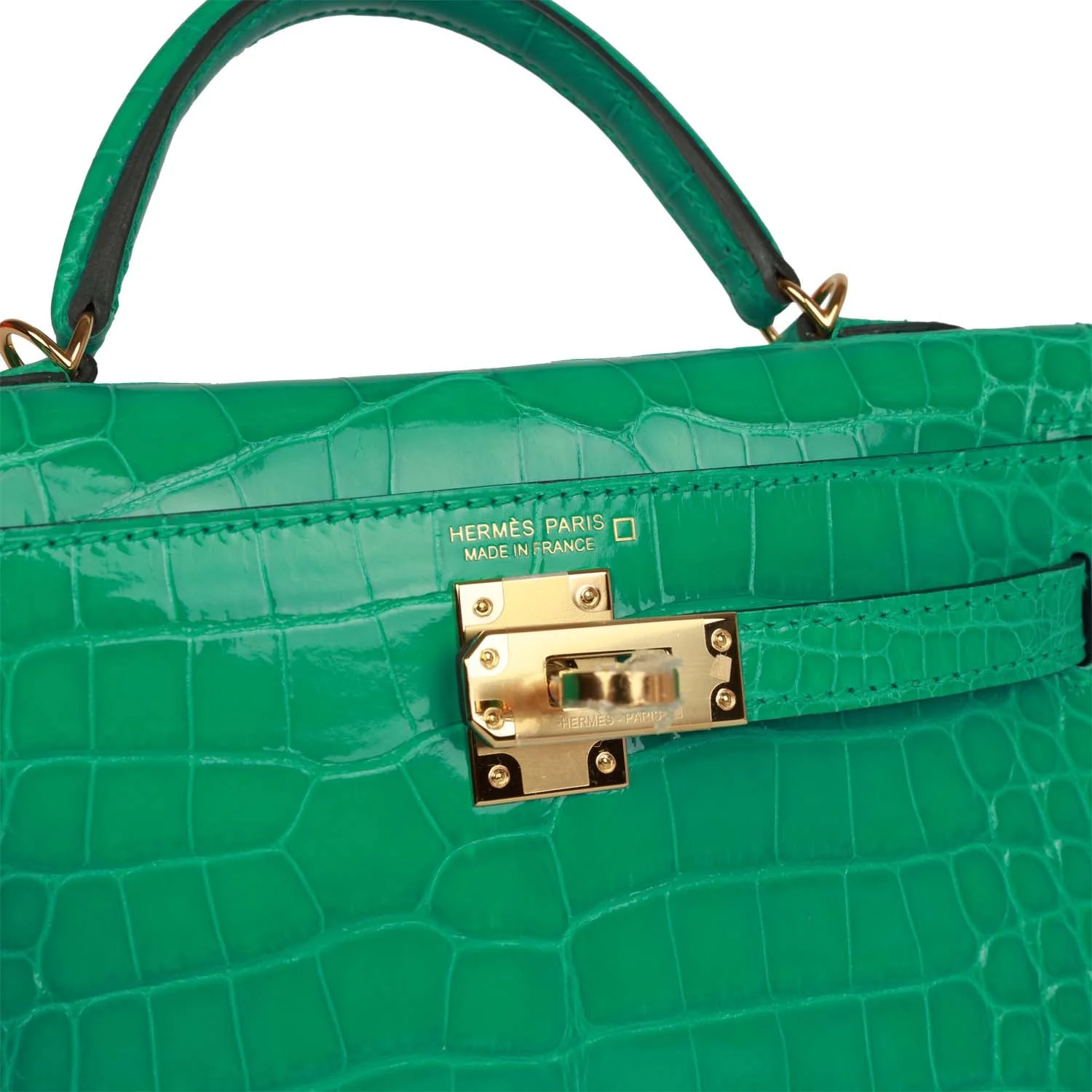 Her Kelly Sellier 20 Vert Jade Shiny Alligator Gold Hardware