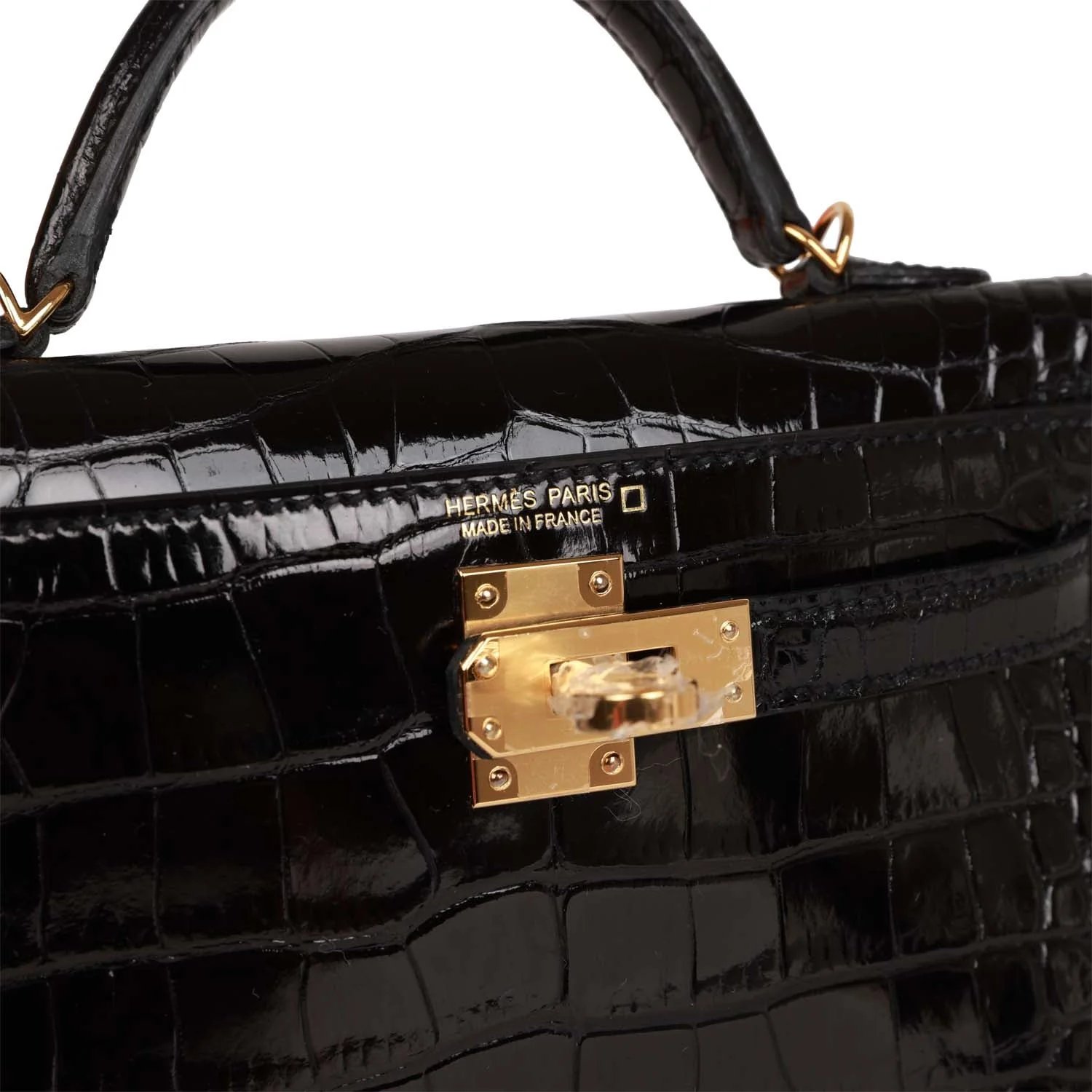 Her Kelly Sellier 20 Black Shiny Alligator Gold Hardware