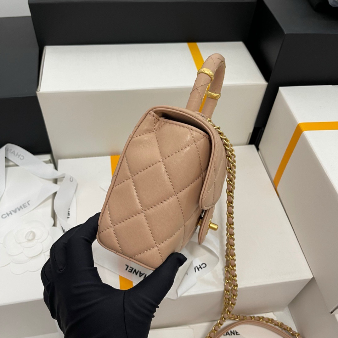 CHANEL Mini Flap Bag with Top HandleLambskin & Gold-Tone Metal Dark Beige - AS5111