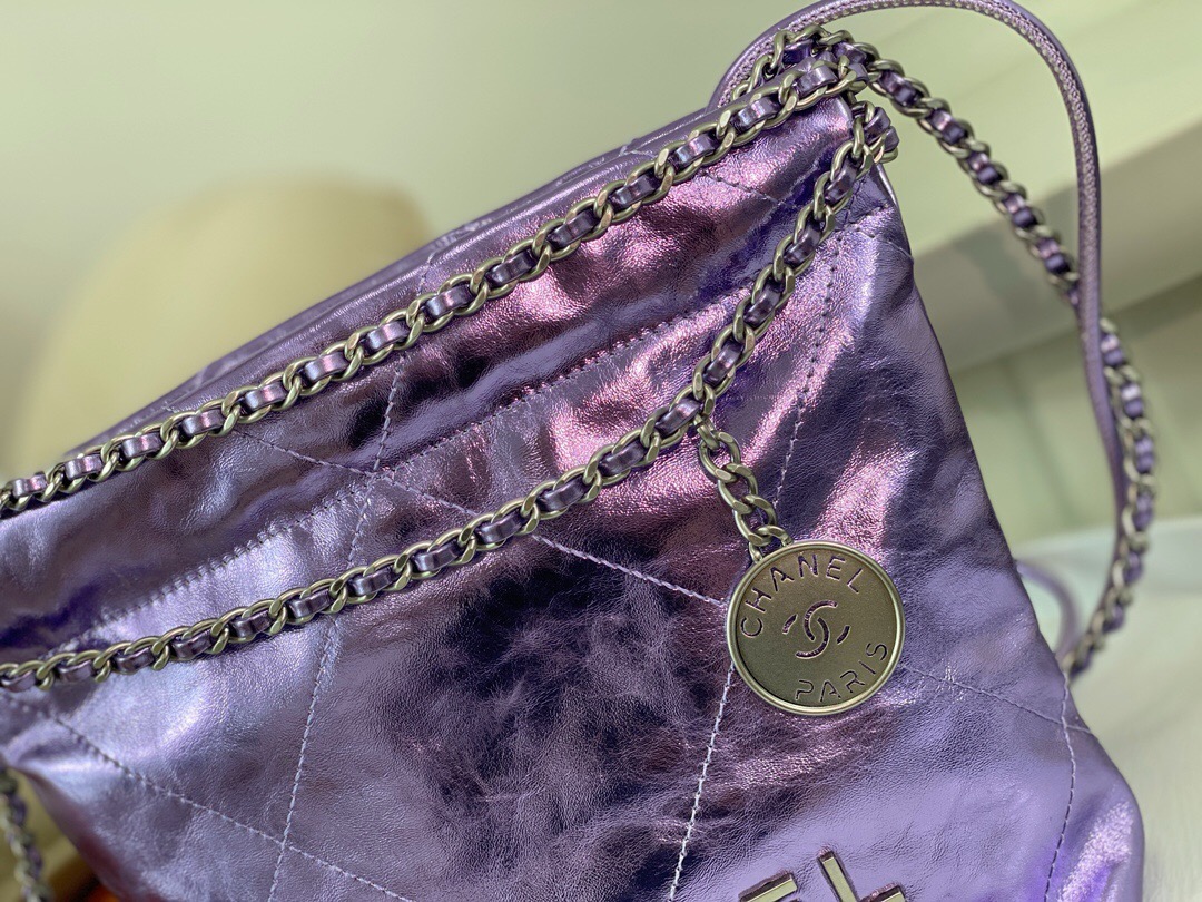 CHANEL  22 Mini HandbagMetallic Lambskin & Lacquered Metal Dark Purple- AS3980