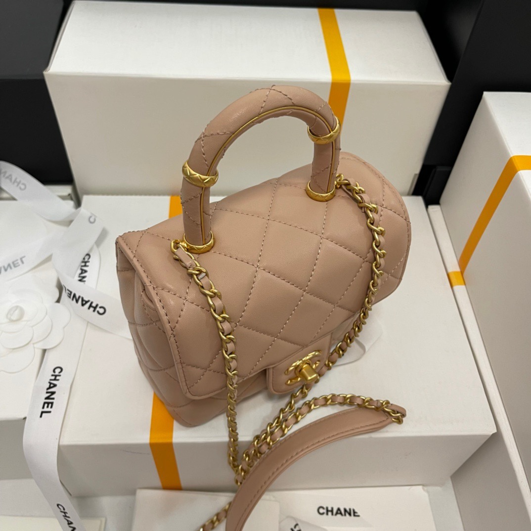 CHANEL Mini Flap Bag with Top HandleLambskin & Gold-Tone Metal Dark Beige - AS5111