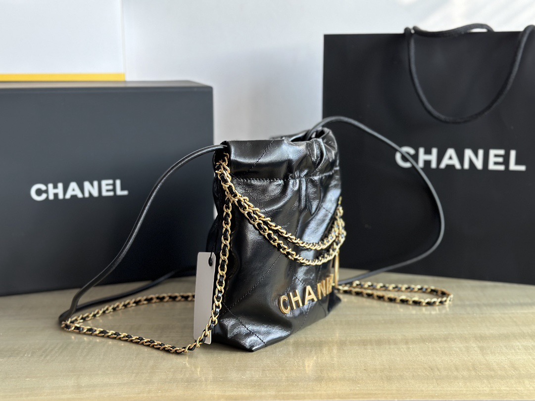 CHANEL CHANEL 22 Mini Handbag Shiny Calfskin & Gold-Tone Metal Black- AS3980
