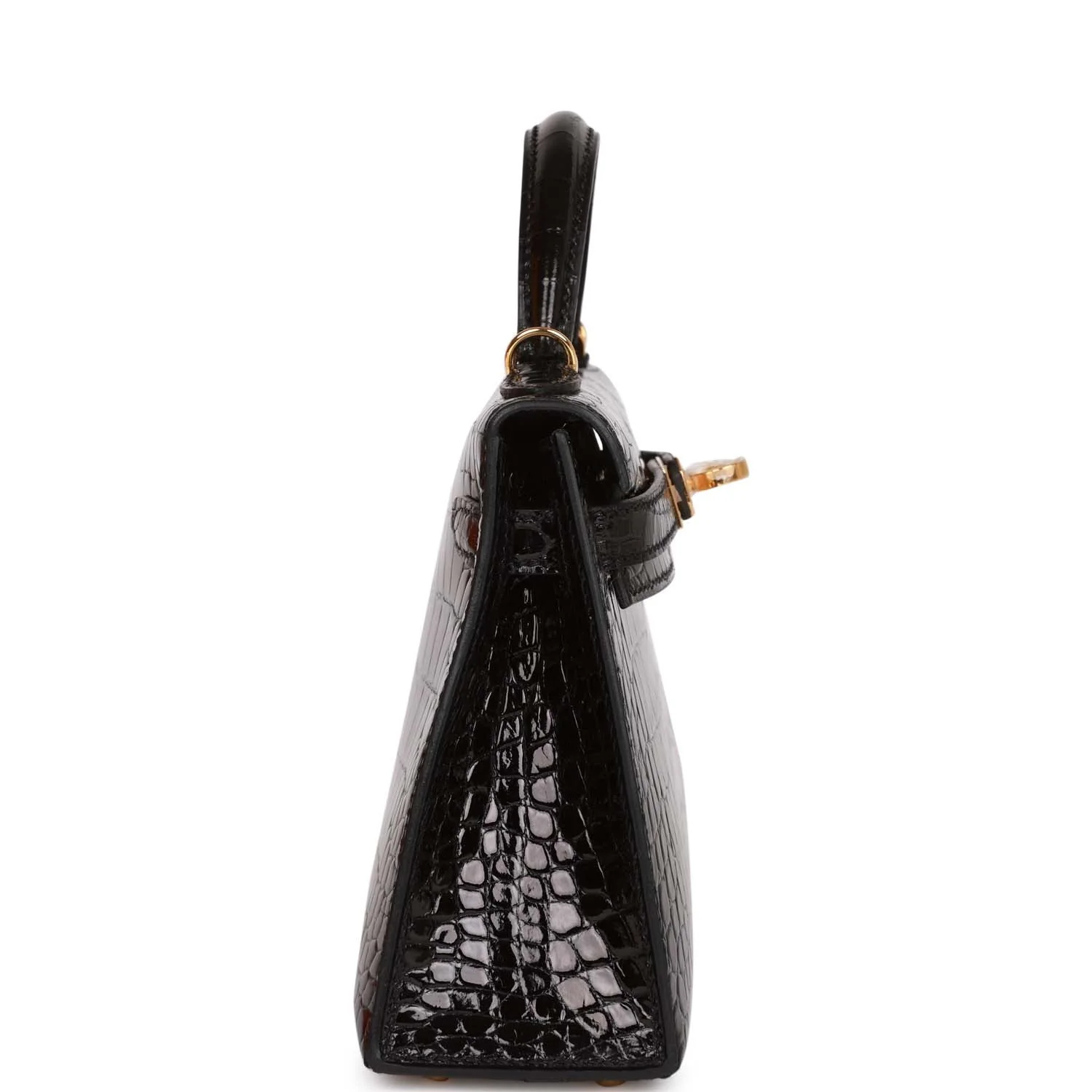 Her Kelly Sellier 20 Black Shiny Alligator Gold Hardware