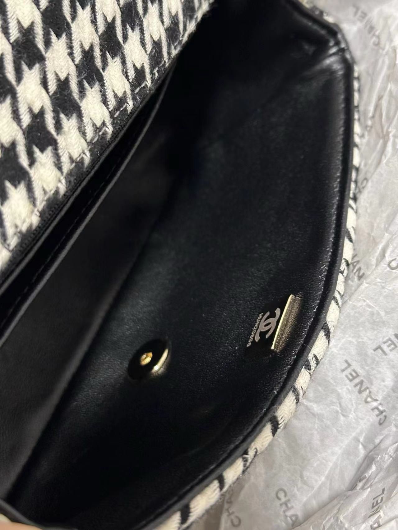 CHANEL Mini Classic Handbag Embroidered Tweed, Imitation Pearls, Strass & Gold-Tone Metal Black & White-A69900