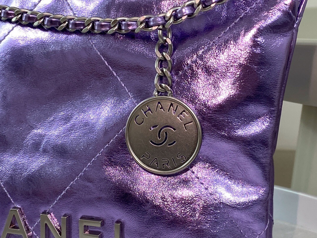 CHANEL  22 Mini HandbagMetallic Lambskin & Lacquered Metal Dark Purple- AS3980