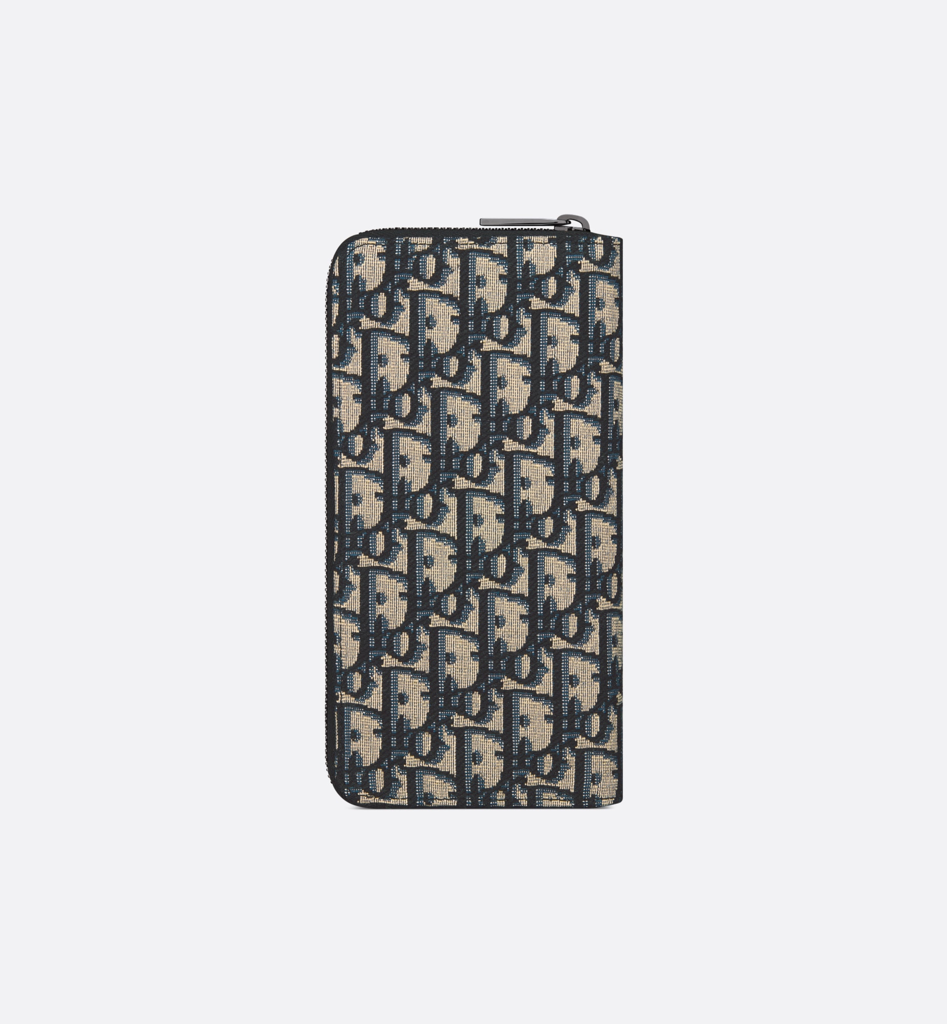 Vertical Long Zipped Wallet Beige and Black Oblique Jacquard