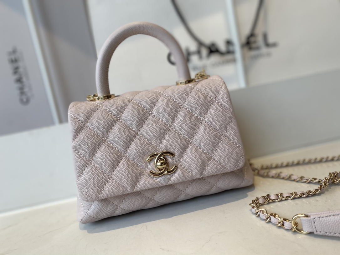 CHANEL Mini flap bag with handle Grain embossed calf leather with gold coloured metal pale gold-AS2215