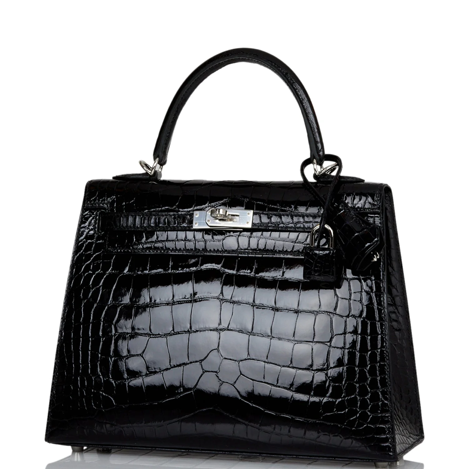 Her Kelly Sellier 25 Black Shiny Alligator Palladium Hardware