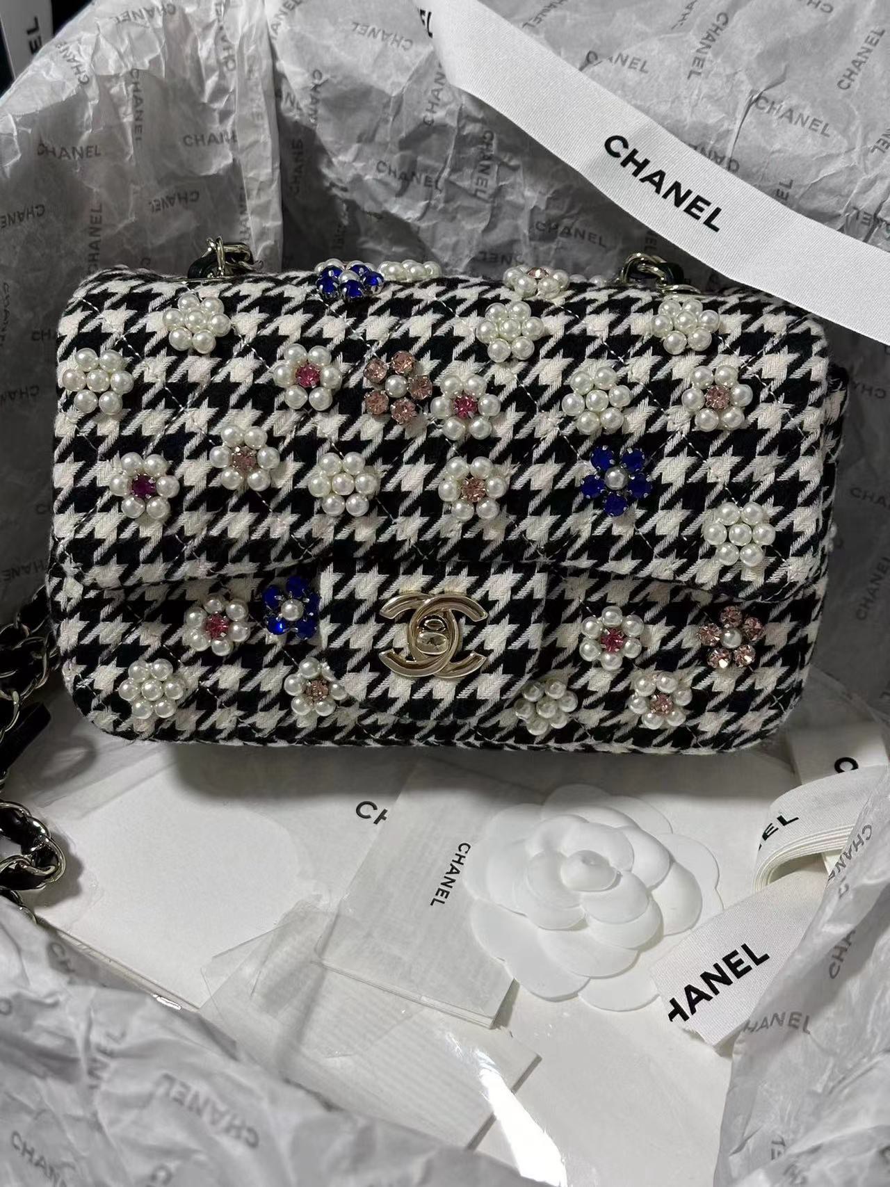 CHANEL Mini Classic Handbag Embroidered Tweed, Imitation Pearls, Strass & Gold-Tone Metal Black & White-A69900