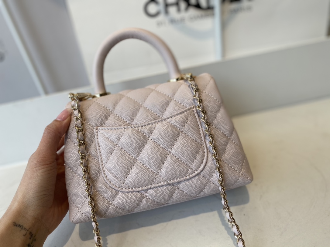 CHANEL Mini flap bag with handle Grain embossed calf leather with gold coloured metal pale gold-AS2215