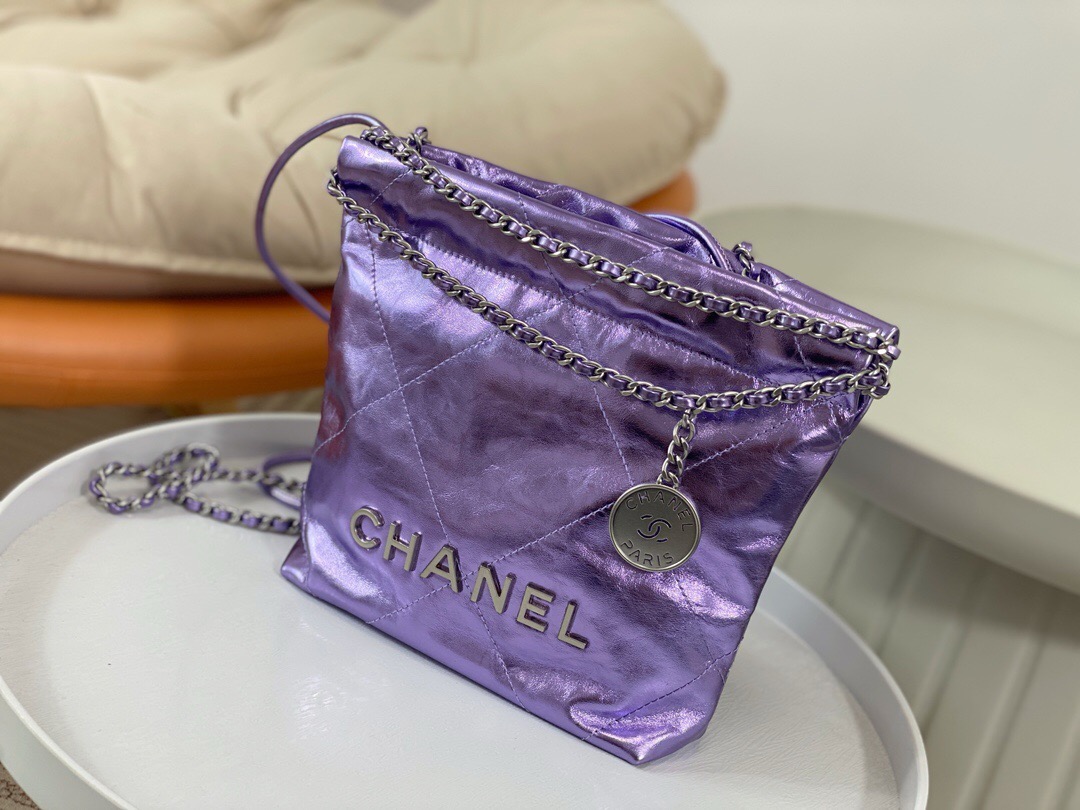 CHANEL  22 Mini HandbagMetallic Lambskin & Lacquered Metal Dark Purple- AS3980