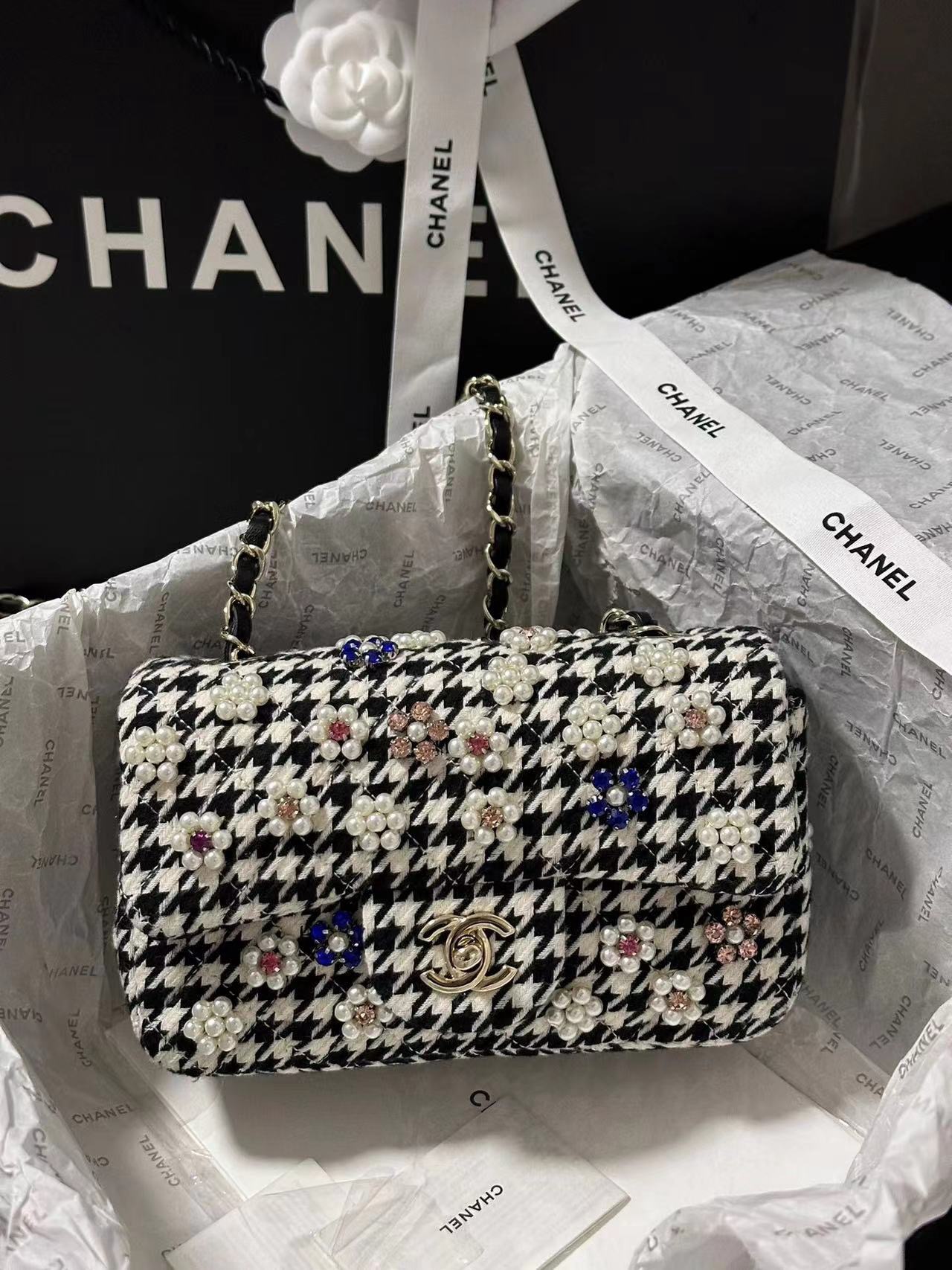 CHANEL Mini Classic Handbag Embroidered Tweed, Imitation Pearls, Strass & Gold-Tone Metal Black & White-A69900