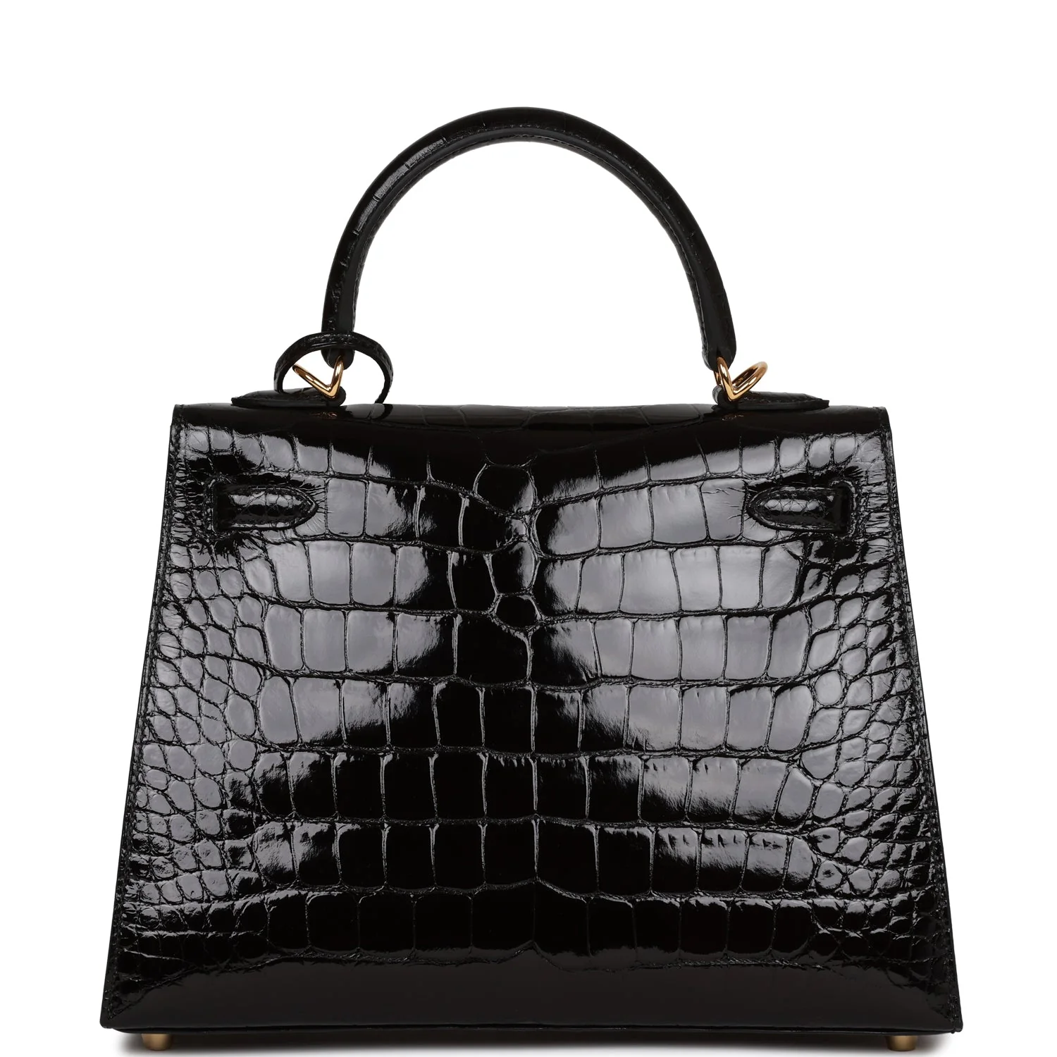 Her Kelly Sellier 25 Black Shiny Alligator Gold Hardware