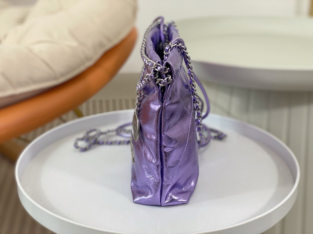CHANEL  22 Mini HandbagMetallic Lambskin & Lacquered Metal Dark Purple- AS3980