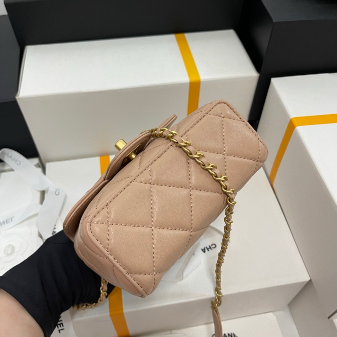 CHANEL Mini Flap Bag with Top HandleLambskin & Gold-Tone Metal Dark Beige - AS5111