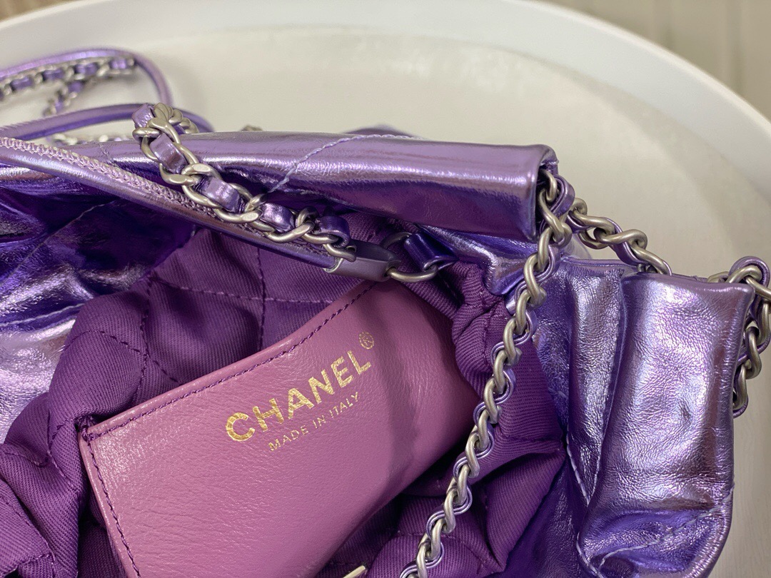 CHANEL  22 Mini HandbagMetallic Lambskin & Lacquered Metal Dark Purple- AS3980