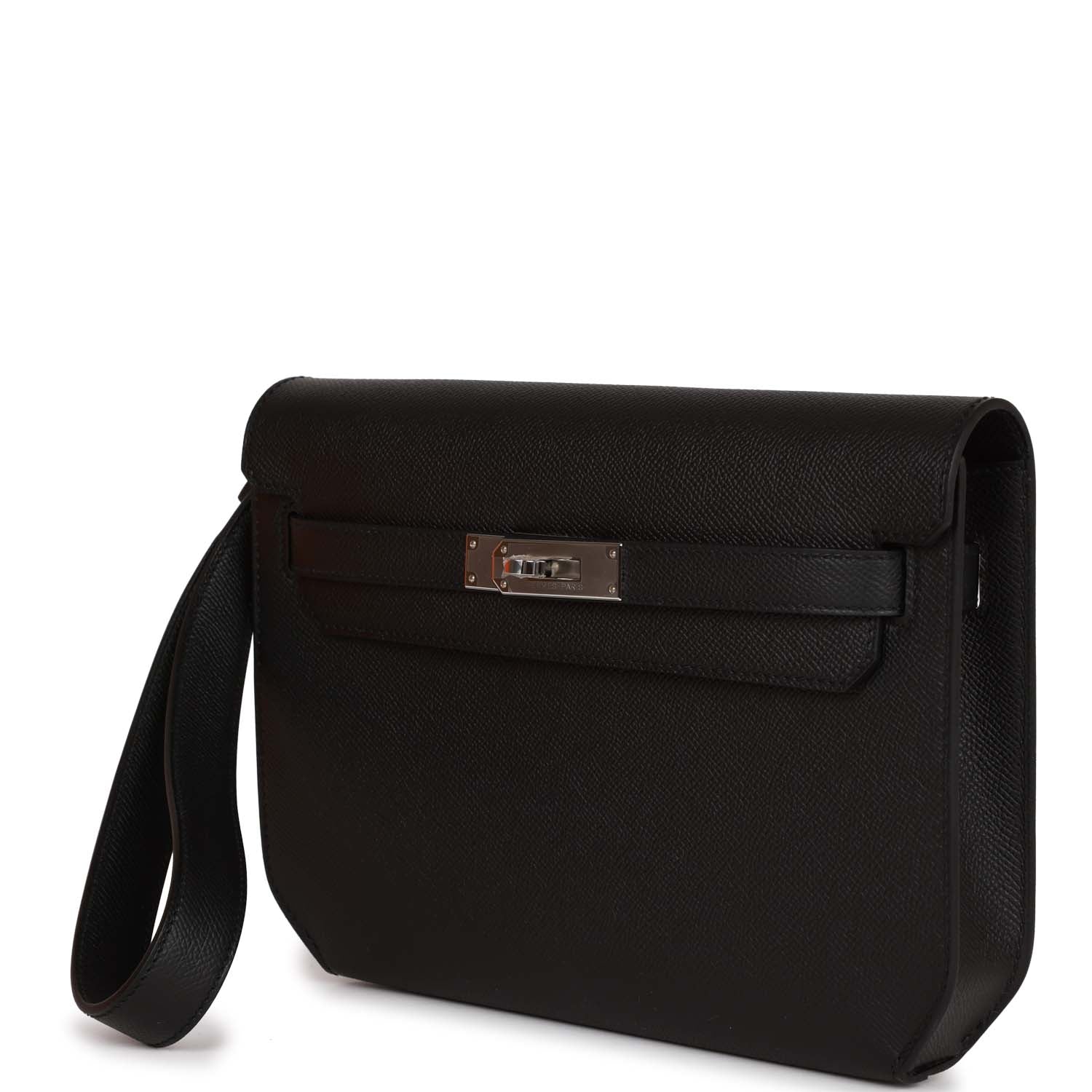 Her Kelly Depeches 25 Black Epsom Palladium Hardware