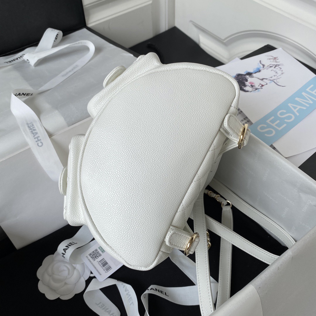 CHANEL Backpacks Grained Calfskin & Gold-Tone Metal White -AS3787