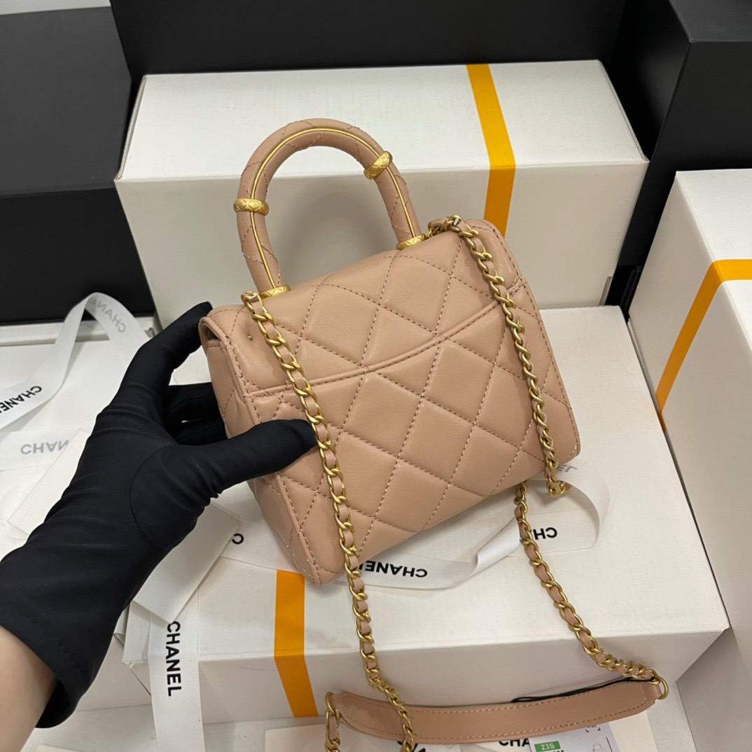 CHANEL Mini Flap Bag with Top HandleLambskin & Gold-Tone Metal Dark Beige - AS5111