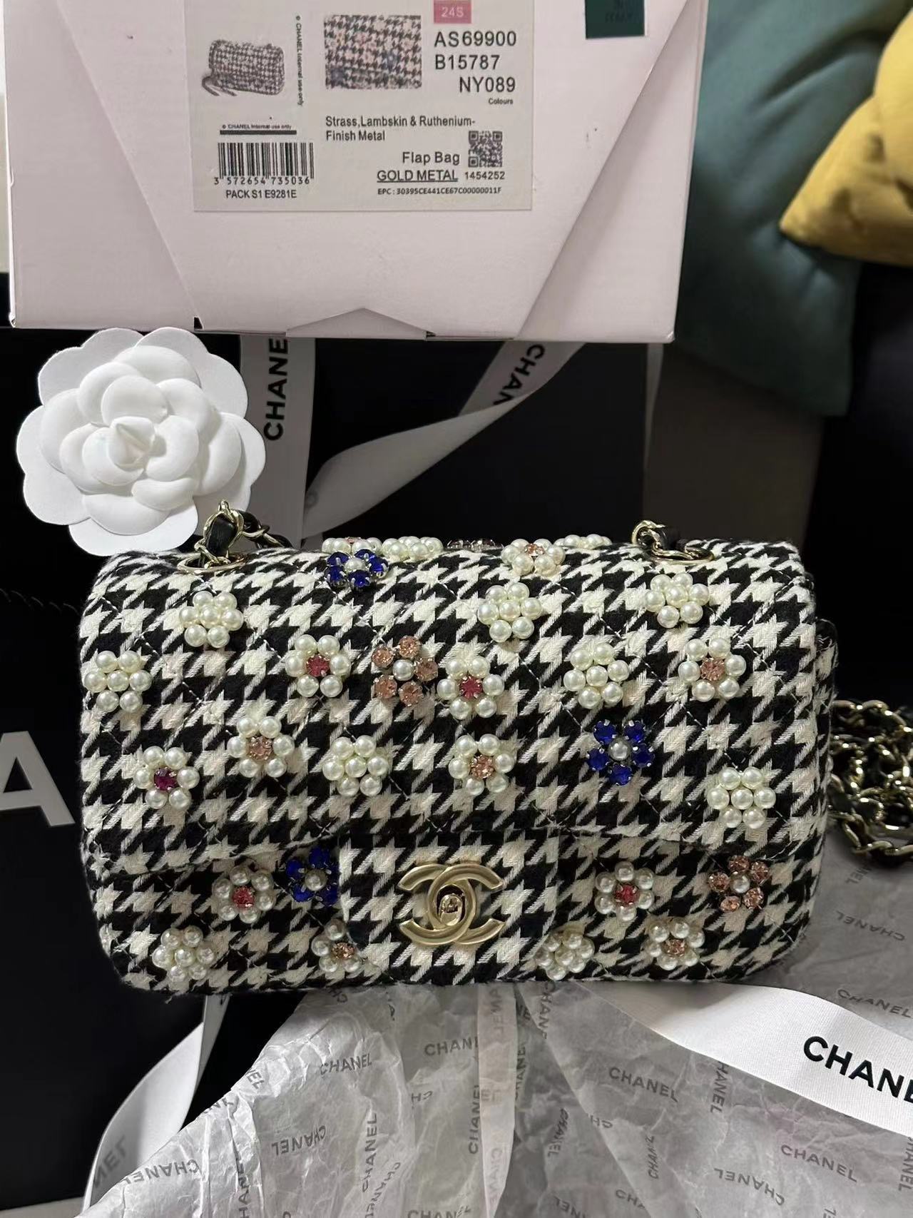 CHANEL Mini Classic Handbag Embroidered Tweed, Imitation Pearls, Strass & Gold-Tone Metal Black & White-A69900