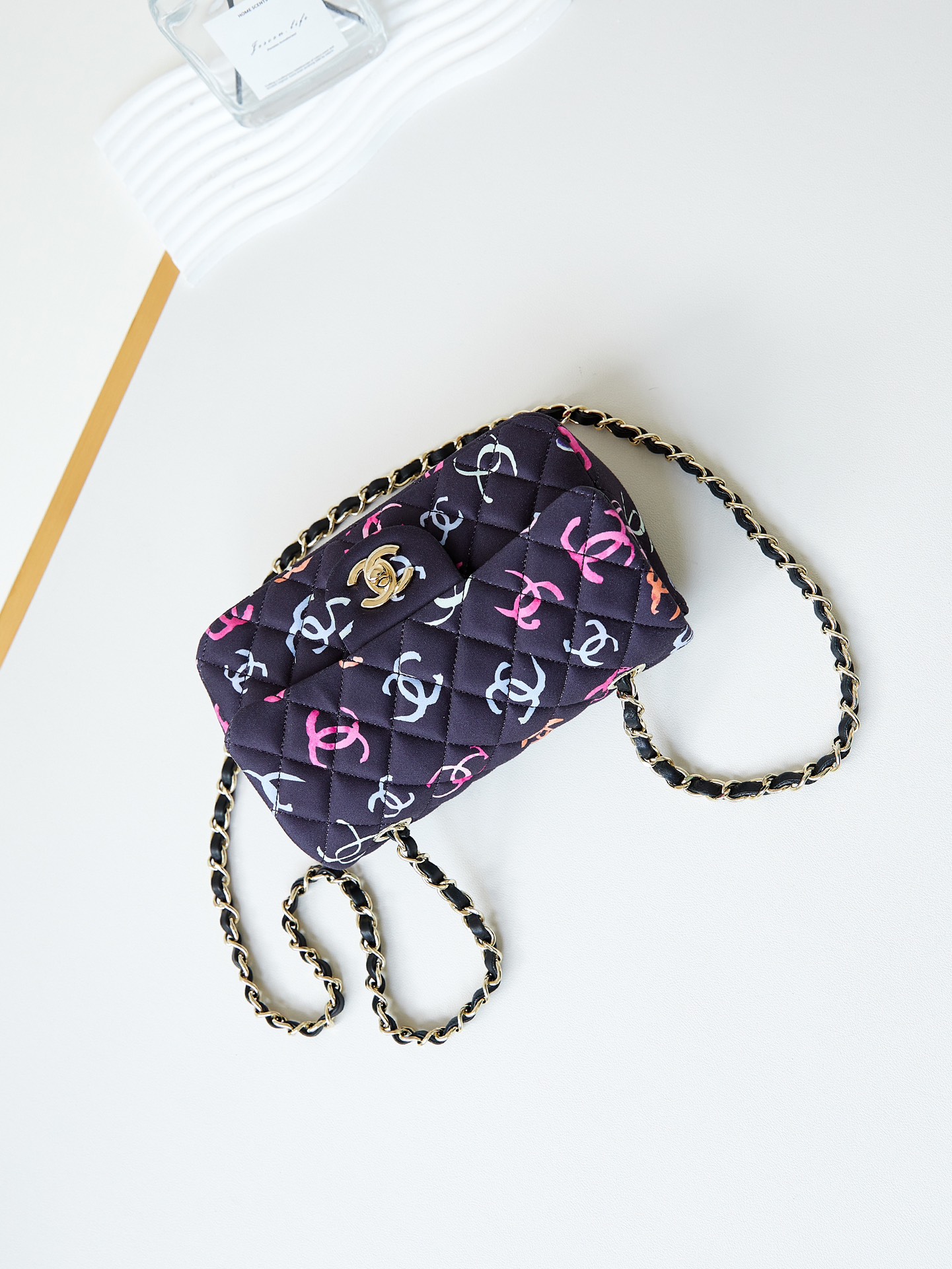 CHANEL Mini Classic Handbag & Gold-Tone Metal Navy Blue-A69900
