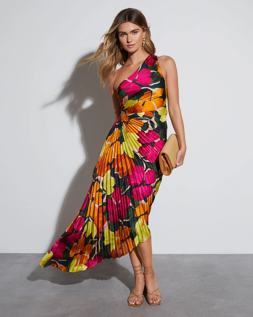 Modern Day Glam Satin Pleated One Shoulder Cutout Asymmetrical Maxi Dress