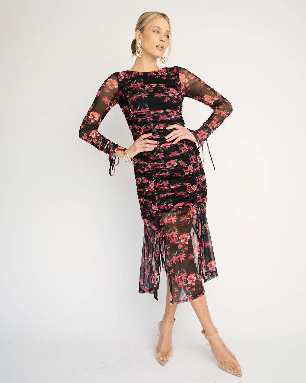 Soul Sister Ruched Floral Mesh Midi Dress