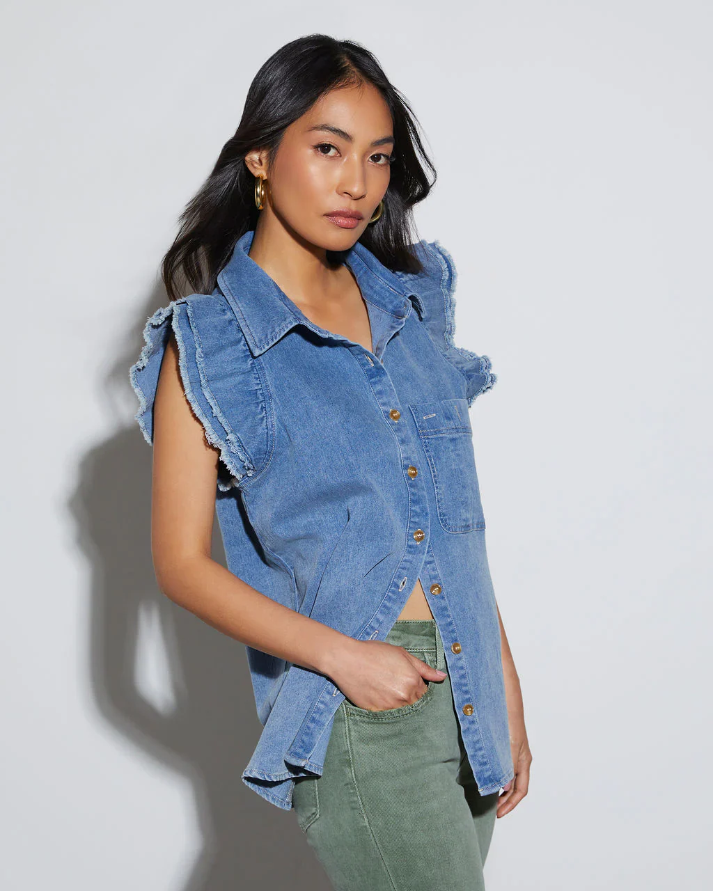 Drita Denim Frayed Ruffle Button Up Top