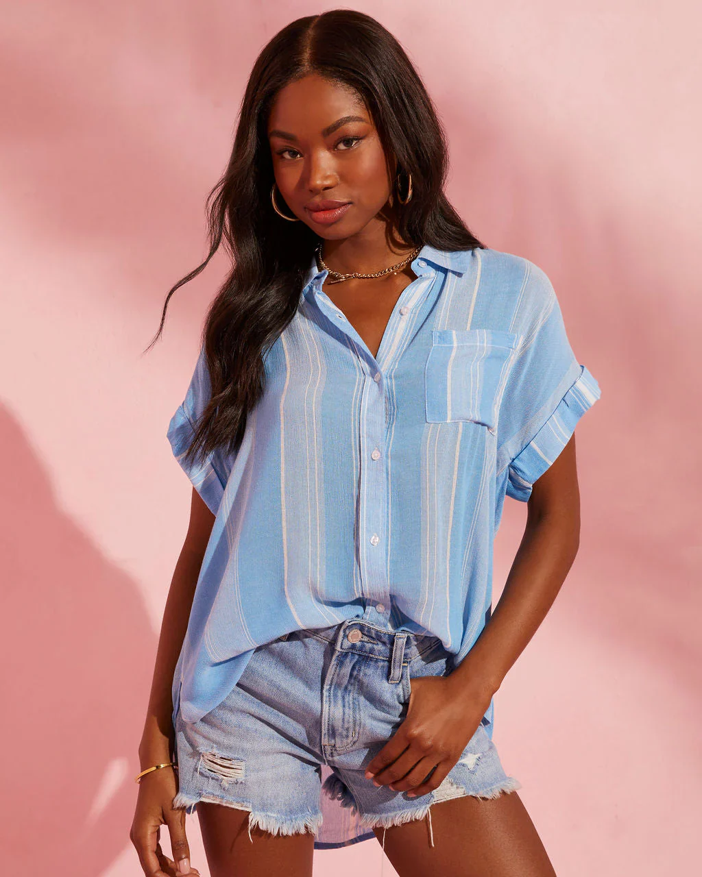 Tandi Striped Short Sleeve Button Down Top