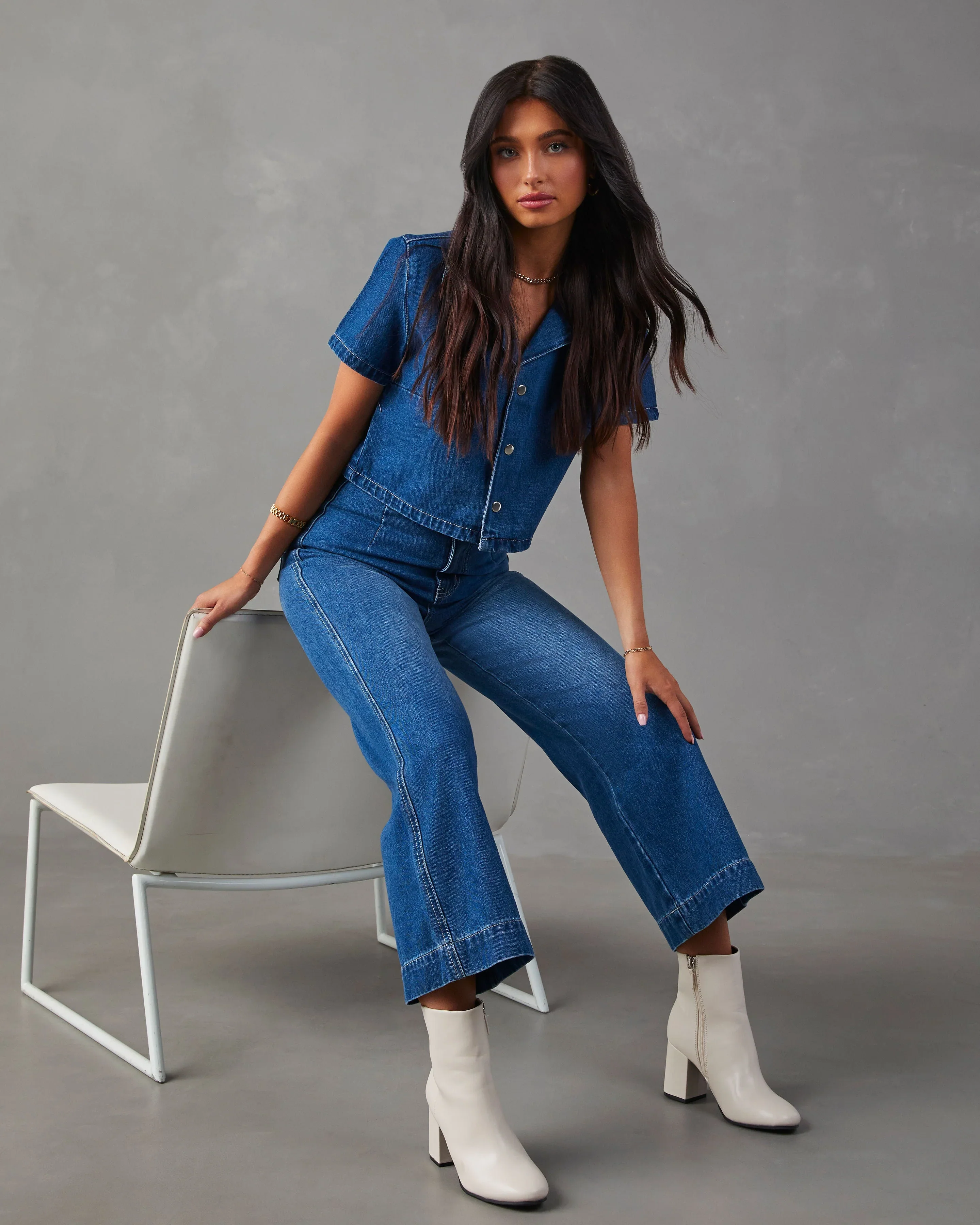 Amir Denim Short Sleeve Button Down Top