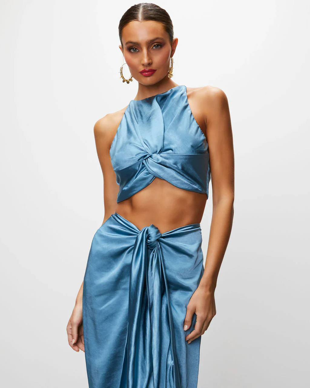 Elenora Satin Front Twist Crop Tank