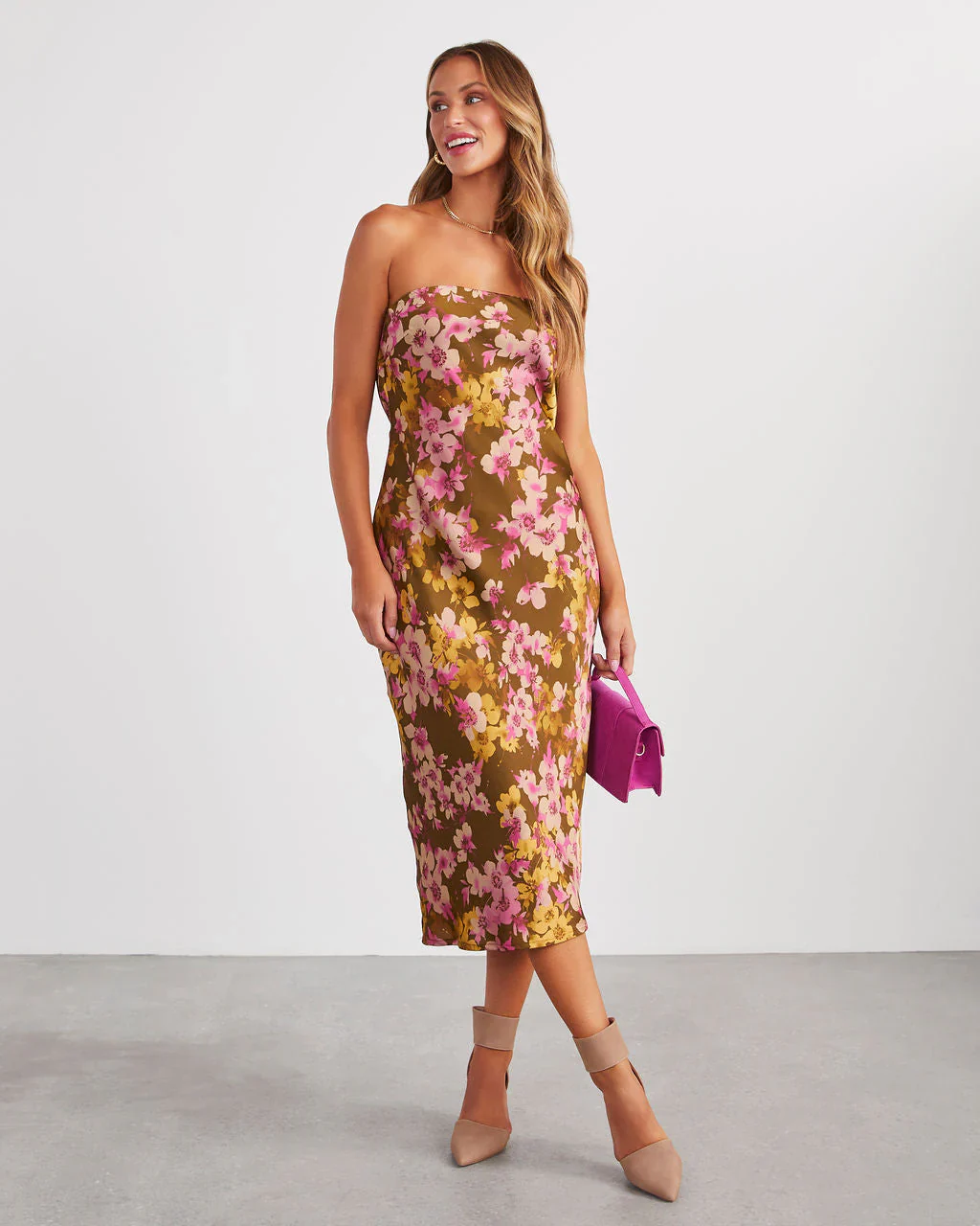 Laressa Satin Strapless Floral Midi Dress